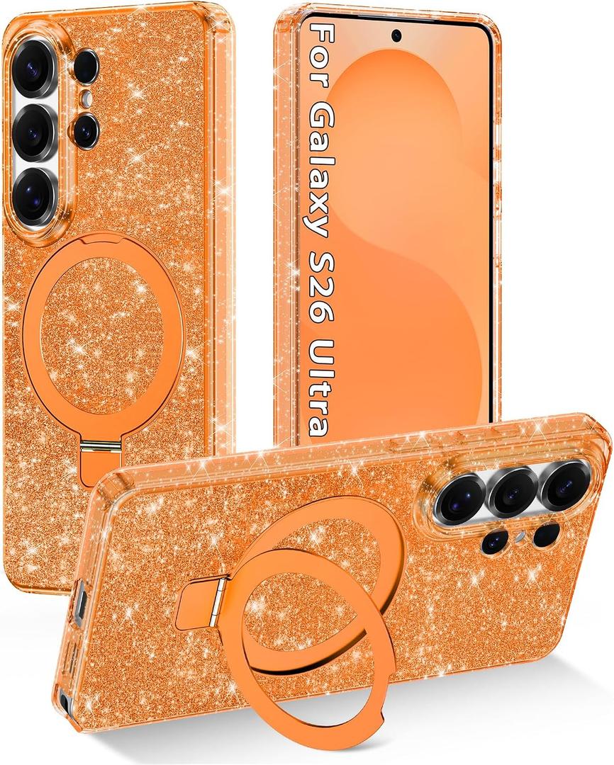 Magnetic for Galaxy S26 Ultra Case with Invisible Ring Stand[Compatible with MagSafe]Full Body Slim Women Girl Shockproof Marble Pattern Design Case for Samsung Galaxy S26 Ultra,Shiny Orange