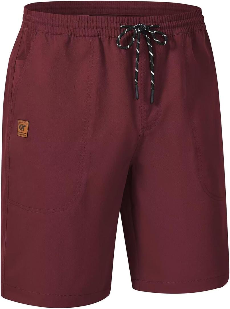QPNGRP Men's Stretch Waist Casual Shorts with 5 Pockets Include 1 Zipper Pocket (Red, L)