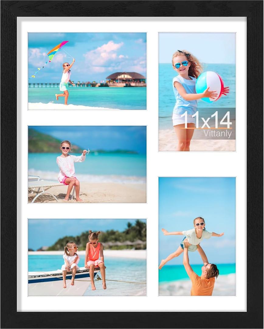 Vittanly 11x14 Collage Picture Frame, Displays 5Pcs 4x6 Pictures, Black | Picture Frame Collage for 5Pcs 4x6 Photos with Mat, MDF Photo Frames with Plexiglass, Horizontal or Vertical Display
