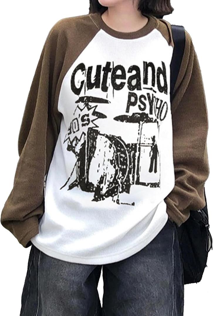 Women Oversized Graphic Shirt Ribbed Patchwork Long Sleeve Y2k Tops Teen Girls Baggy Grunge Clothes (Black, L)