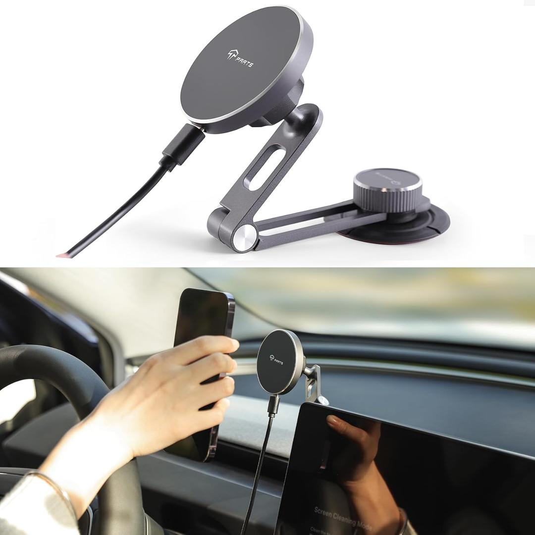 TPARTS Foldable Magnetic Phone Holder Car Mount for Tesla 3/Y/X/S, Wireless Charging Cellphone Mount Compatible with iPhone 12/13/14/15/16 and Other Series Phones with Metal Ring