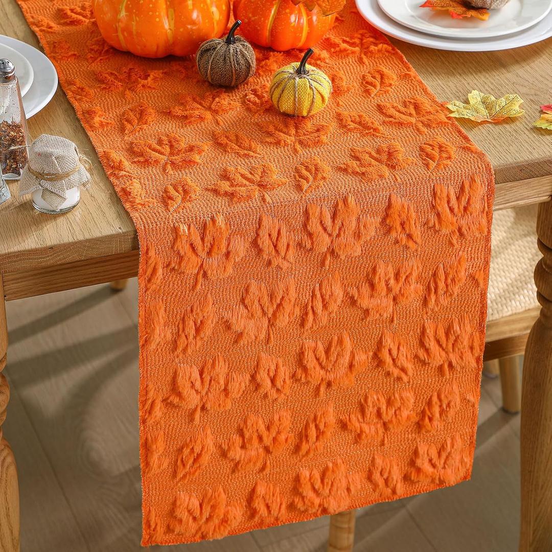 Fall Table Runner Decorations Cute 3D Faux Soft Fur Fall Table Runner for Thanksgiving Decor Autumn Harvest Party Kitchen Dining Seasonal Indoor Outdoor, 13x72 Inch(Orange,Maple Leaves)