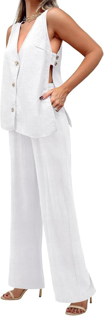 Tankaneo Womens 2 Piece Linen Sets Summer Outfits Sleeveless V Neck Botton Down Tank Tops and Pants Matching Set (Large, White)