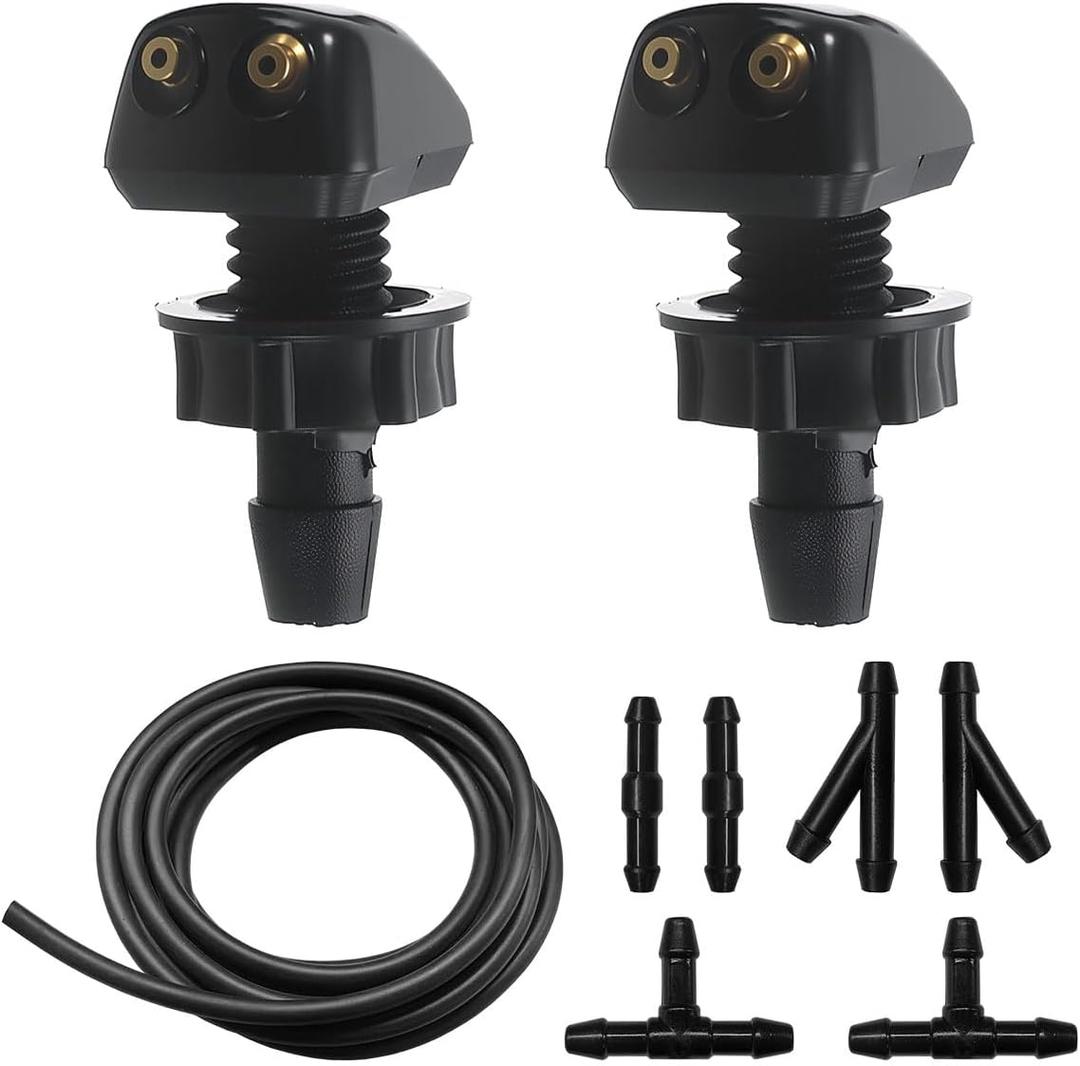 Car Front Windshield Washer Nozzles, Double-Hole Auto Window Water Sprayer Replacement Kit with Fluid Hose & Connectors, Universal for Most Cars (9PCS)