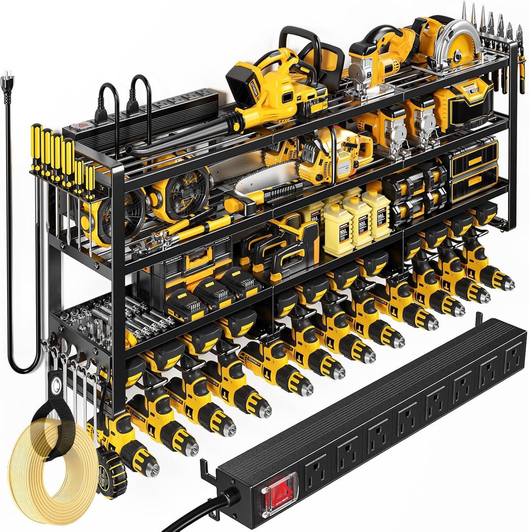 49.5" W Large Power Tool Organizer Wall Mount with Charging Station, 4 Tier Heavy Duty 12 Cordless Drills Holder Load 800 lb, Tool Battery Storage Rack Built in 8 Outlet Power Strip for Garage