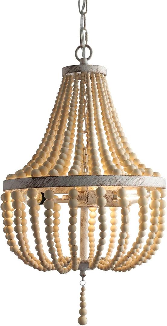 3-Light Mini Bohemian Wood Beaded Chandelier Pendant Boho Light Fixture,Antique Metal Finish Natural Color Wooden Beads, for Bathroom,Living Room,Entryway and Bedroom (White distressed)