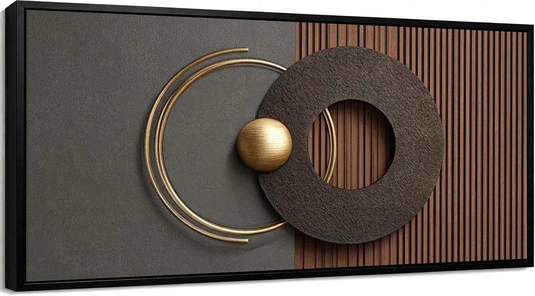 Framed 3D Textured Abstract Black Gold Geometric Canvas Wall Art 24x48in