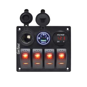 Red 4 Gang Marine Waterproof Boat Switch Panel Aluminium Panel with 12V Voltmeter Type-C and QC3.0 USB Charging Socket Rocker Witch Panel for Car Boat