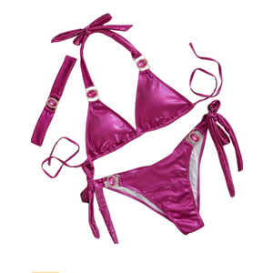 Shiny Bikini Sets for Women Sexy Halter Strappy Patchwork Triangle Tops & Bottoms & Headwear 3PC Swimsuits for Beach Party, Size S