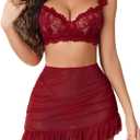 Avidlove Women Lingerie Set Lace Skirt and Bra 3 Piece Lingerie Set Chemise Ruffle Hem Sleepwear (Small, Wine Red)