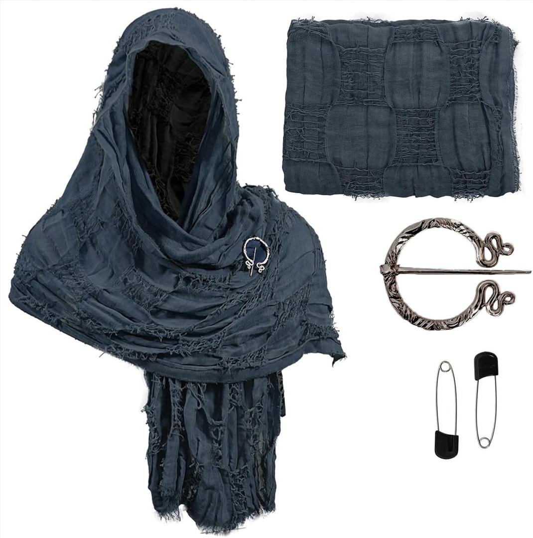 Zwirelz Wrap Dune Wasteland Hooded Shawl With Viking Brooch Cowl Scarf Rogue Medieval Viking Cloak Renaissance Costume Cape (78.7 x 27.5 inches, Navy)
