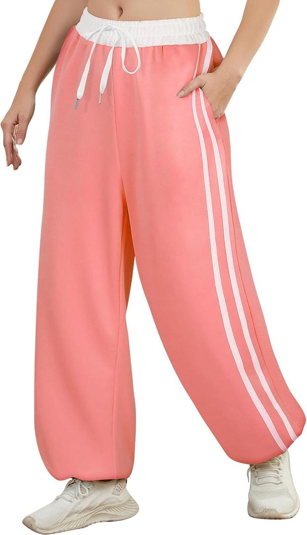 Track Pants Women Wide Leg Sweatpants High Waisted Baggy Joggers Side Stripe Drawstring Ankle Pant with Pockets (XL)
