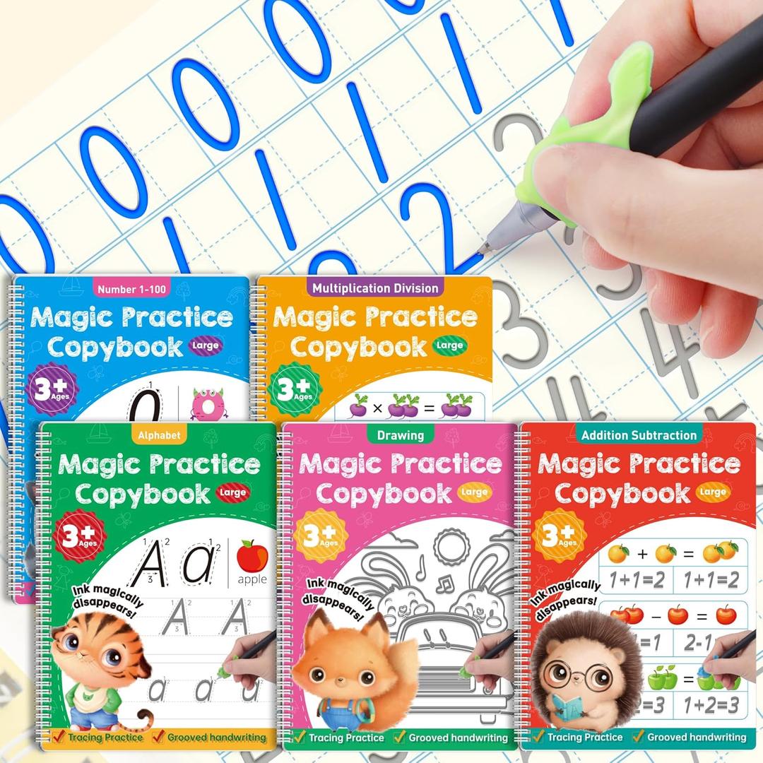 Large Magic Grooved Practice Copybook 5 Pack with Pens, Reusable Children's Magic Copybooks, Magical Handwriting Workbooks Number Letter Tracing for Kids Age 3-8 Kindergarten Preschool Calligraphy