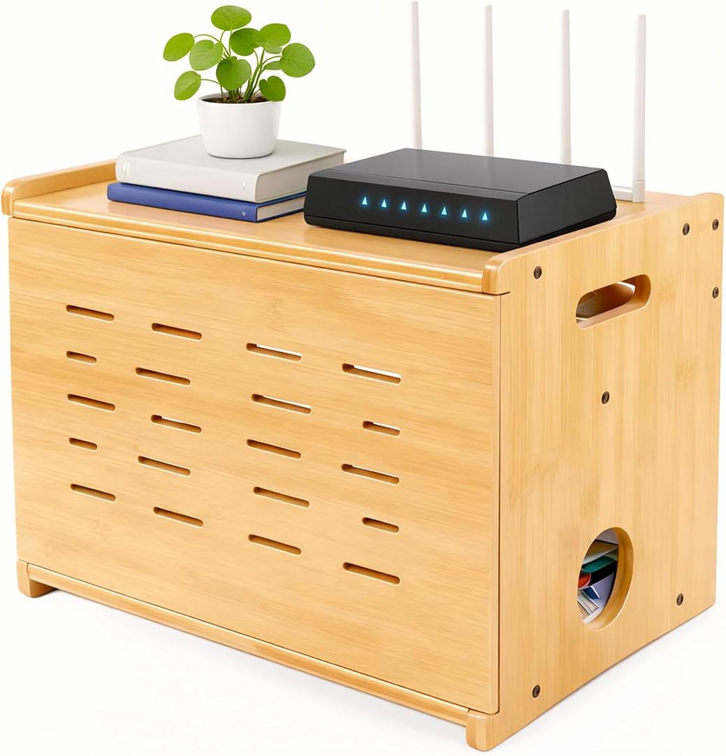 Upgrade WiFi Router Storage Box Hider, Projector Shelf, Large Space Modem Cable Organizer, Power Strip Cable Management Hider Rack by Solid Wood,Hide Router Home Decor Box, Need Assembly