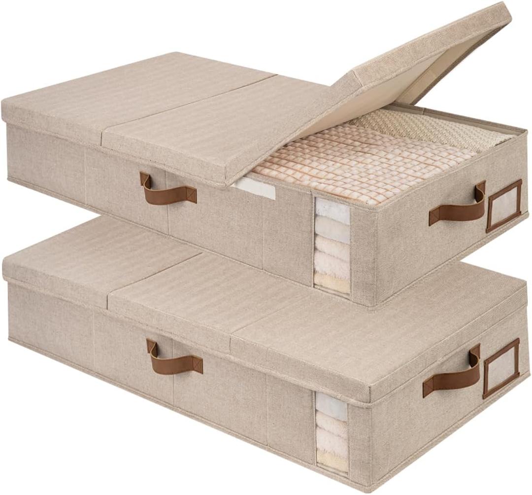 StorageWorks 2-Pack Jumbo Under Bed Storage Bins with Lids, Underbed Storage Containers with Handles and Label Holder, Closet Organizer for Clothes, Blankets, Sweater (Brown)