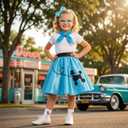 50s Costumes for Girls 1950s Pink Poodle Skirt Set with Eye Glasses Scarf Headband Socks for Kids Halloween Costume (Blue, XS)