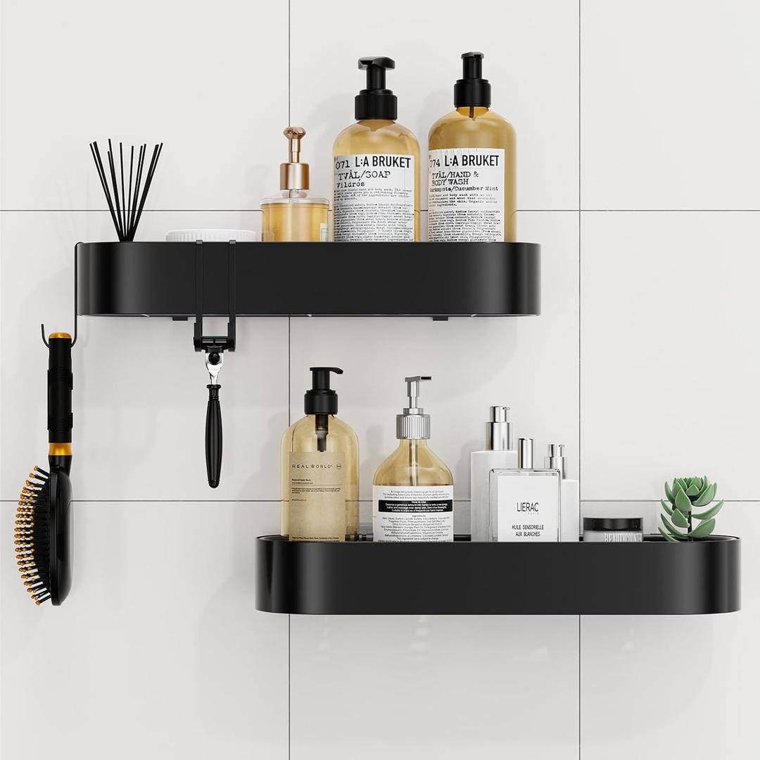 X-Large Adhesive Shower Caddy, 2 Pack Bathroom Organizers and Storage with Large Capacity and 4 Hooks, No Drilling Shower Shelves for Inside Shower for Bathroom, Dorm and Kitchen
