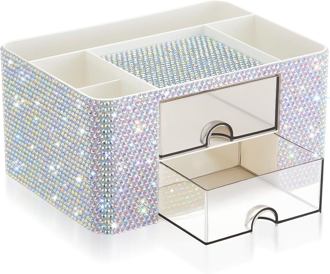 Silver Bling Desk Organizer with 2 Drawer, Room Decor Gift for Teen Girls Women Christmas Birthday Make up Organizer for Vanity Countertop Skincare Desktop Rhinestone Pen Holder