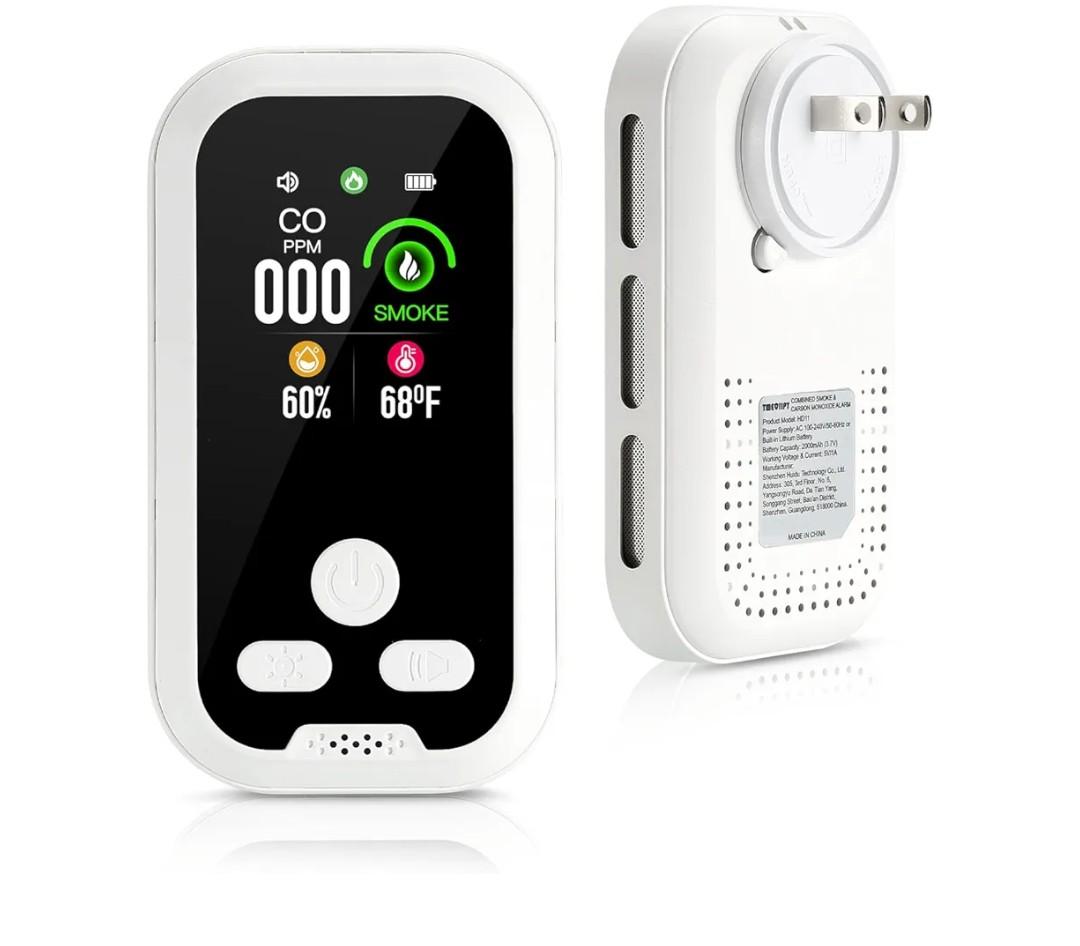 Smoke and Carbon Monoxide Detectors Plug in Wall, 4-in-1 CO Detector Smoke Alarm Humidity & Temp Meter, Portable Carbon Monoxide Alarm HD Screen, CO Monitor for Home Travel Hotel Camping RV (White)