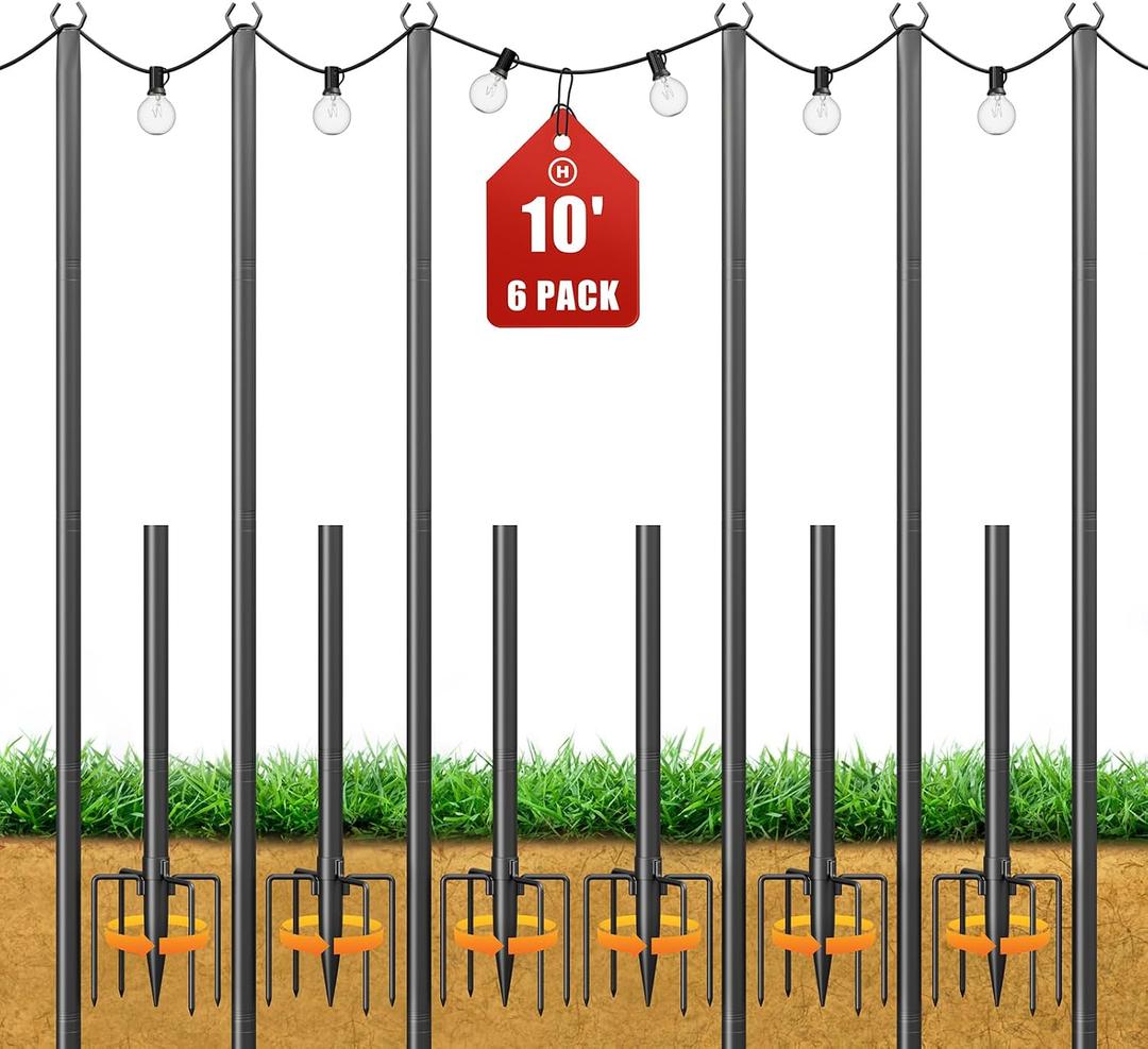 String Light Poles for Outside, 10ft Adjustable Metal Poles for Outdoor String Lights Hanging Light, Outdoor Light Poles with Fork, for Patio, Deck, Backyard, Garden (6 Pack)