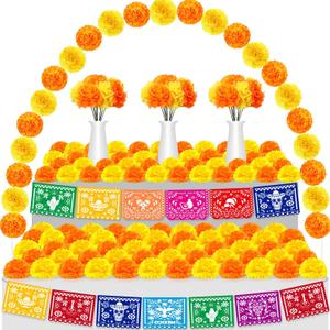 Geosar 118 Pcs Mexican Party Decorations Include Marigold Flowers Dia De Los Muertos Banner for Day of The Dead Cinco De Mayo Mexican Fiesta Party Diwali Supplies, (Orange and Yellow)