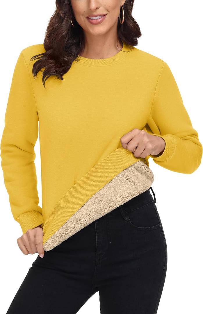 MAGCOMSEN Women's Sherpa Lined Sweatshirts Thermal Casual Crewneck Fleece Pullover Winter Warm Thick Tops (Large, Yellow)