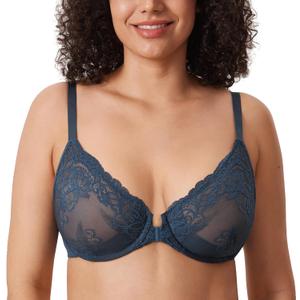 DELIMIRA Women's Front Closure Lace Underwire Sheer Bras Plus Size Full Coverage Sexy Plunge Unlined Bra Size 38DD