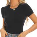 Stelle Ribbed Tops for Women Short Sleeve Tshirt Slim Fit Basic Tee Casual Blouse (Black, S)