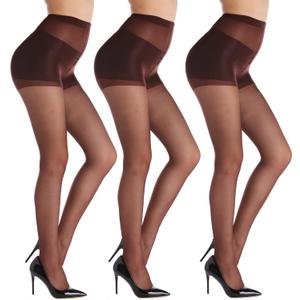 YAGAXI 20D Sheer Tights for Women - 3 Pairs Women's Control Top Pantyhose (Medium, Coffee)