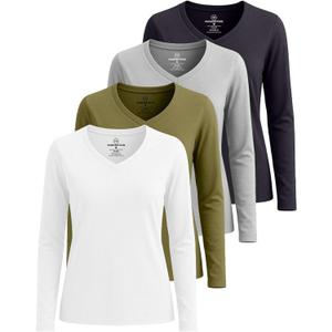 Real Essentials 4 Pack: Womens Cotton Long Sleeve V-Neck T-Shirts Soft Casual Lounge Tee Tops (Small)