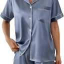 Womens Silk Satin Pajamas Set Short Sleeve Sleepwear Button Down Loungewear Dusty Blue Small