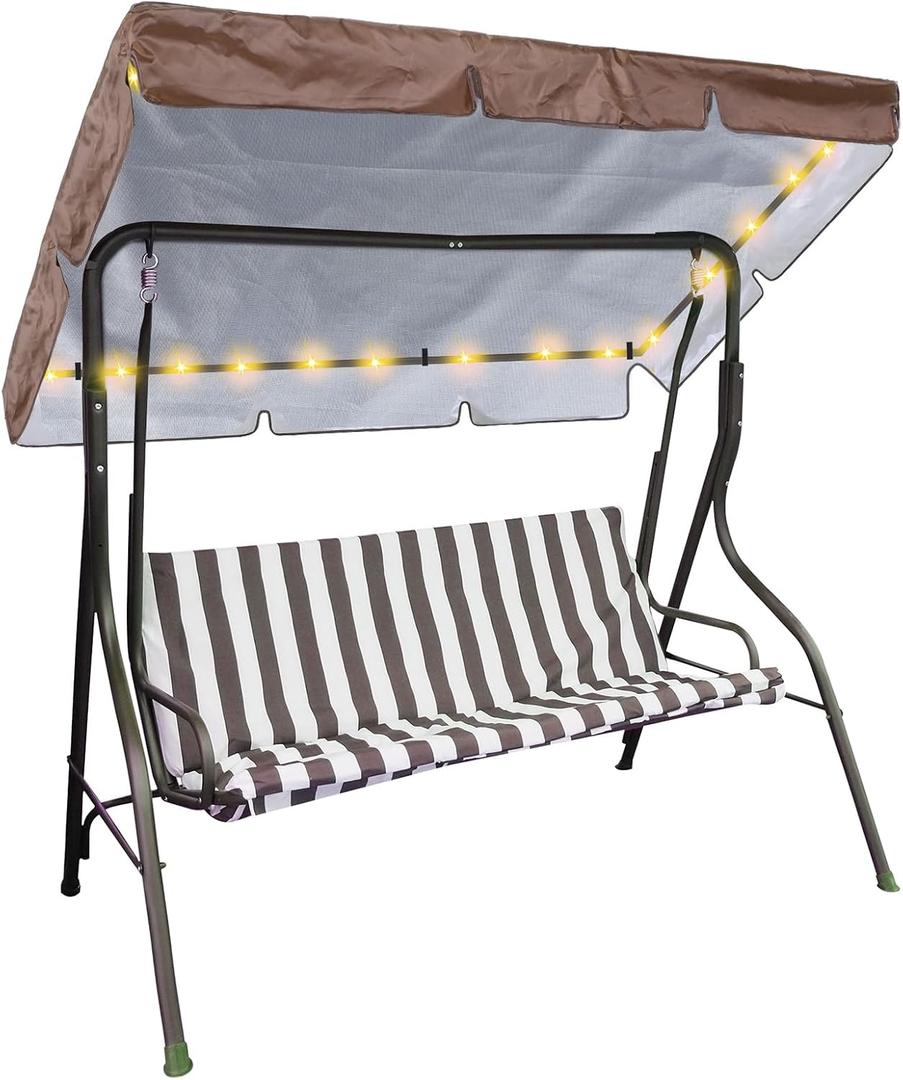 LED Lighted Porch Swing Canopy Replacement Waterproof LED Swing Canopy Top Cover 2-3 Seat Shade Awning Cover for Garden Outdoor Patio(65 x 45 Inch, Brown)