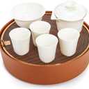 7 Pcs Chinese Gongfu Tea Set, Ceramic Japanese Tea Set for Adults, White Gaiwan Teapot with Large Tea Tray & 5 Tea Cups, Giftable Tea Ware Set for Travel, Picnic & Gathering
