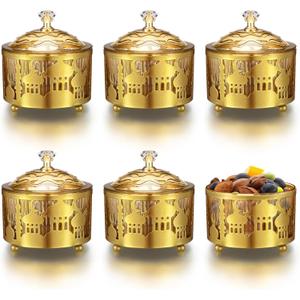 Pinkunn 6 Pack Ramadan Serving Trays with Lids Gold Eid Mubarak Trays Plates Ramadan Home Decor Moon Star Candy Dish Dessert Storage Organizer for Iftar Islamic Muslim Party, 3.5 Inch(Classic)