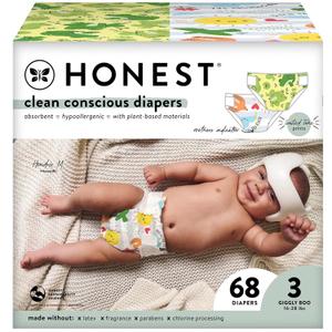 The Honest Company Clean Conscious Diapers | Plant-Based, Sustainable | Fall '24 Limited Edition Prints | Club Box, Size 3 (16-28 lbs), 68 Count