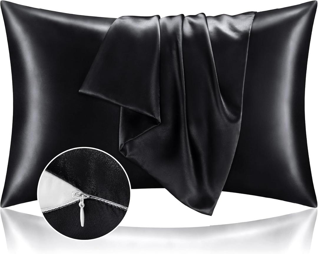 BEDELITE Satin Pillowcase with Zipper 2 Pack, Black Pillow Cases Standard Size, Super Soft and Cooling Similar to Silk Pillow Cases, Gift for Women Men(20x26 Inches)