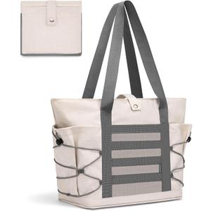BOSTANTEN Travel Tote Bags for Women Foldable Beach Bag Waterproof Zipper Gym Sports Shopping Bag Trolley Sleeve (A-off-white With Gray)