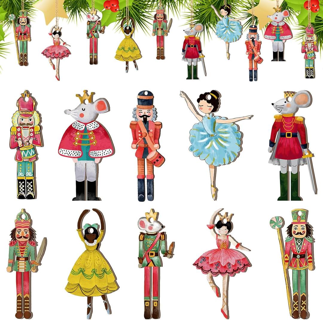 50 Pcs Christmas Wooden Nutcracker Ornaments Wood Hanging Nutcrackers Christmas Tree Hanging Decoration Wooden Ballerina Soldier King Mouse with Ropes for Christmas Tree Home Decor