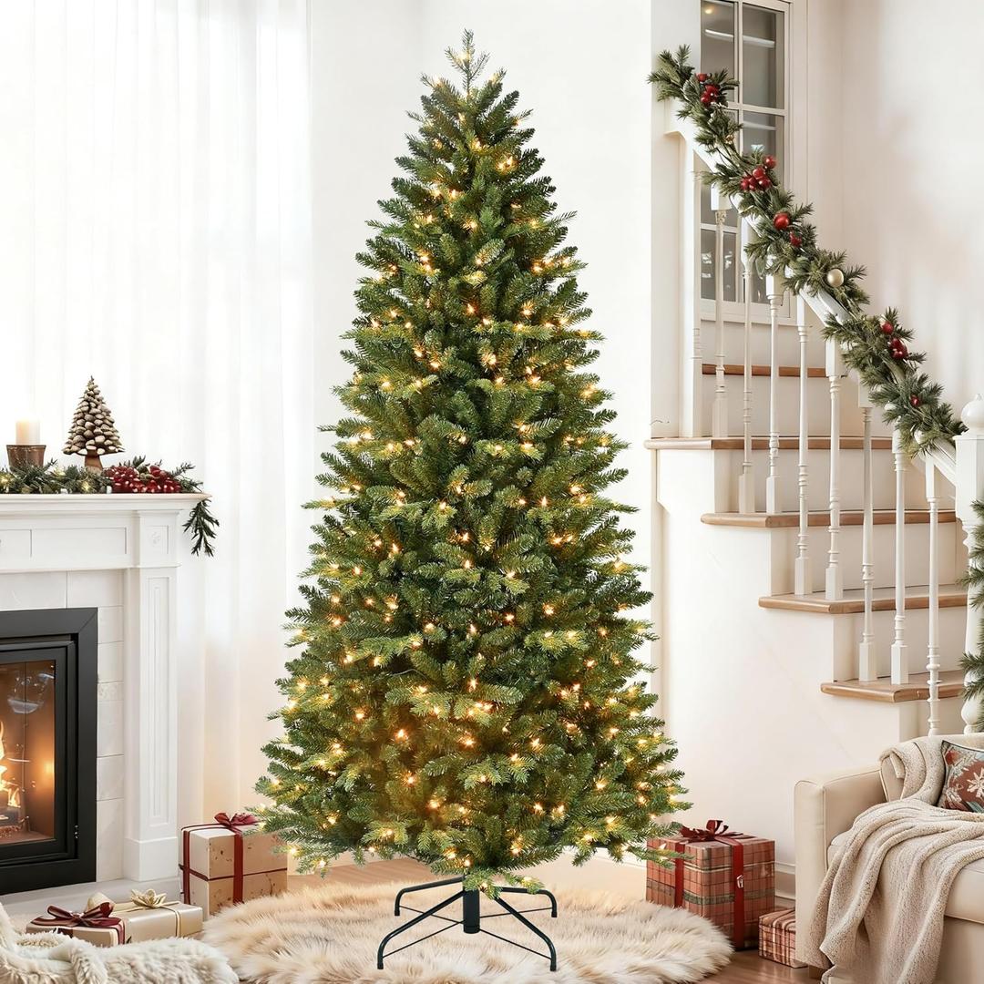 MAKEATREE 6ft Prelit Artificial Christmas Tree with 300 Lights, Easy Assembly Hinge Design Skinny Xmas Trees, 987 PE&PVC Mixed Branch Tips, Green