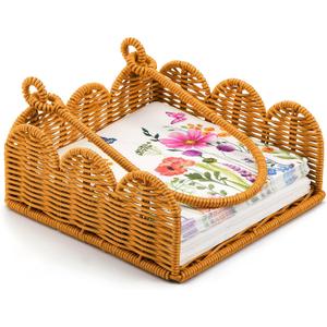 Cinnvoice Scalloped Napkin Holder Square Wicker Napkin Holder, Woven Boho Cocktail Towel Basket, Rustic Decorative Towel Tray for Kitchen Bathroom Restaurant Table 7.5 x 7.5 x 2.5 (Rattan)