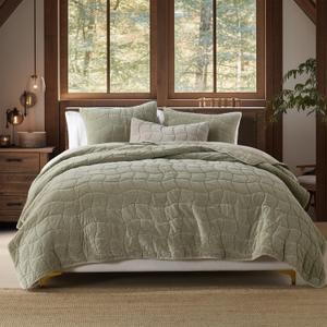 HORIMOTE HOME Cotton Quilt King, Green Stone-Washed Velvet Comforter 3-Pieces Oversized King Cotton Bedspread with 2 Pillow Shams, Cozy Cloud Quilt Bedding Set Coverlet for All Season