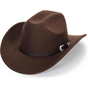 Classic Black Western Felt Roll Up Brim Cowboy and Cowgirl Hat for Women and Men - Decoration with Western Belt Bukle (7-7 1/4, Brown With Carved)