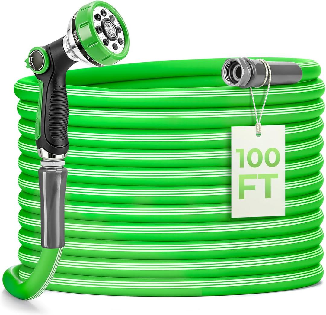 Garden Hose 100 Ft With 8-Pattern Spray Nozzle, 5/8" Lead-Free Flexible Water Hose With 3/4" Anodized Aircraft-Grade Aluminum Interface, Lightweight Kink-Resistant Water Pipe For Lawn, Yard, Outdoor