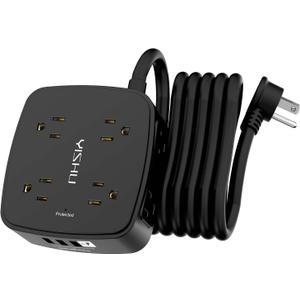 10 Ft Surge Protector Power Strip - 8 Widely Outlets with 4 USB Ports, 3 Side Outlet Extender with 10 Feet Extension Cord, Flat Plug, Wall Mount, Desk USB Charging Station, ETL, Black