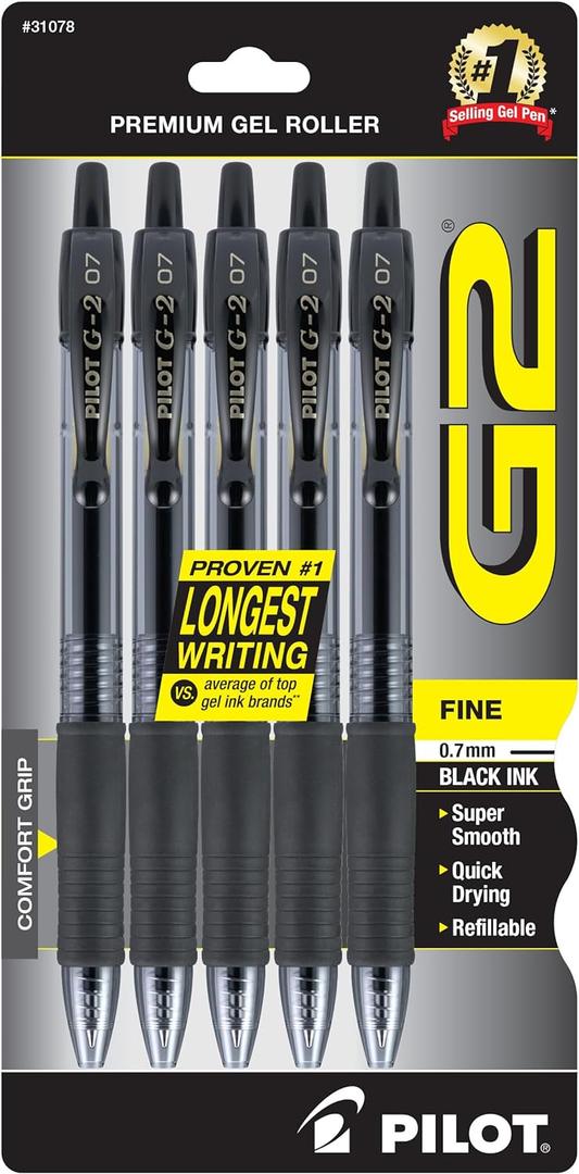 Pilot G2 Premium Gel Roller Pens 0.7, Fine Point Smooth Writing Pens Black, Pack of 5