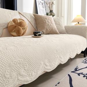 vctops Boho Cotton Quilted Couch Cover Soft Embroidered Sofa Cover Non-Slip Dog Bed Cover Scalloped Sofa Slipcover Washable Furniture Protector Cover (Cream,36"x82")