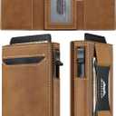 Leather Wallet for Men Slim Minimalist: Smart Pop Up Wallet with Cash Strap - RFID Front Pocket Trifold Credit Card Holder - Gift for Man Husband at Anniversay Brithday (Leather Brown-S1)