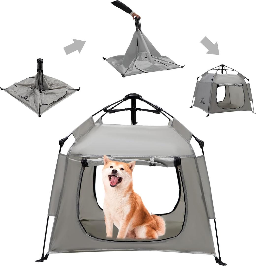 ASFANES Outdoor Pet Automatic Camping Tent, Pop up Cave Bed for Indoor Cats and Small Dogs, Portable Cat House Dog House, Grey. (No Ventilation mesh, Door Must be Left Open for use)