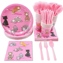 Cat Birthday Party Supplies, Paper Plates, Napkins, Cups and Plastic Cutlery (Serves 24, 144 Pieces)