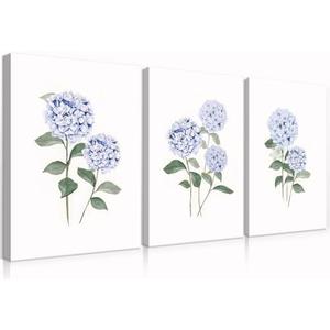 QMWIDKL 3Pcs Hydrangea Canvas Wall Art Light Blue Floral Wall Decor Watercolor Botanical Posters Prints Pictures Modern Flower for Living Room Bedroom Paintings Decor Ready to hang(16x24inch)
